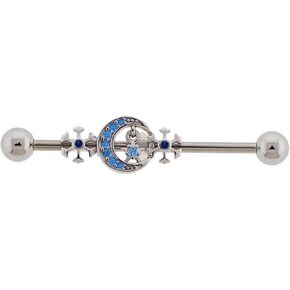 14GA 316L Stainless Steel Aqua CZ Crystal Crescent Moon and Snowflakes Industrial Barbell in Kuwait