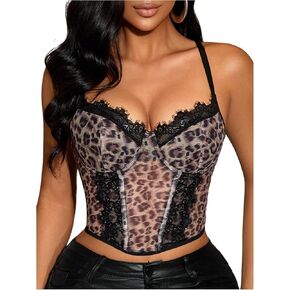 WDIRARA Women's Leopard Lace Corset Bustier Cami Top Lace Up Back Camisole Crop Tops in Saudi Arabia