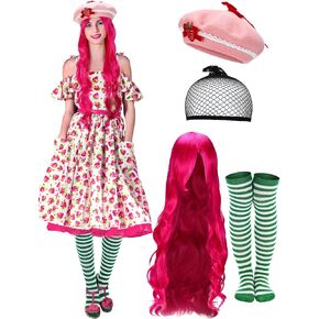 Mepase 4 Pcs Halloween Strawberry Cake Costume for Women Include Strawberry Beret Hat with Hair Net Green Striped Thigh High Socks Long Curly Pink Cosplay Wig for Cosplay and Fruit Theme Daily in Saudi Arabia