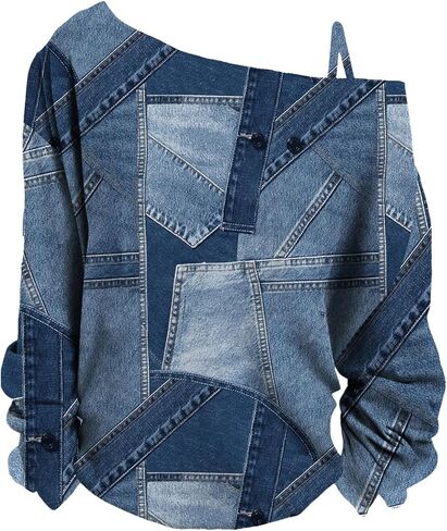 Women's Cold Off Shoulder Denim Print T Shirt Long Sleeve Loose Graphic Tee Tops in Saudi Arabia