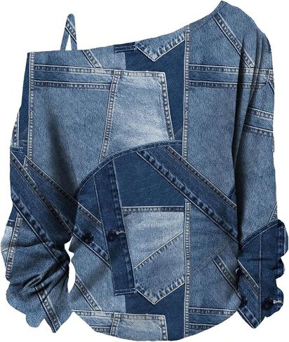 Women's Cold Off Shoulder Denim Print T Shirt Long Sleeve Loose Graphic Tee Tops in Saudi Arabia