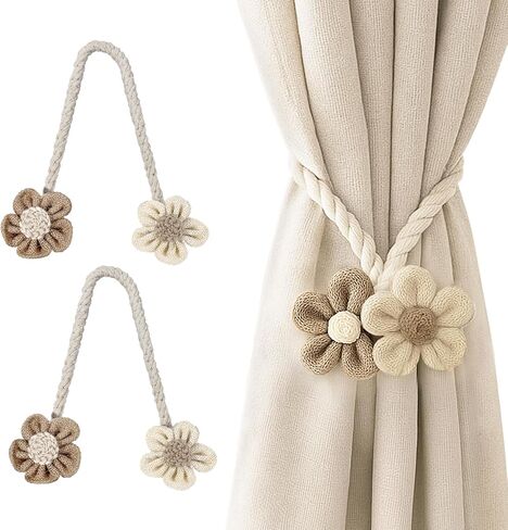 2PCS Flower Curtain Tiebacks, Linen Embroidered Boho Curtain Ties, Handmade Tassel Holdbacks for Living Room Window Draperies, Out Door, Home Decor(Pink) in Saudi Arabia