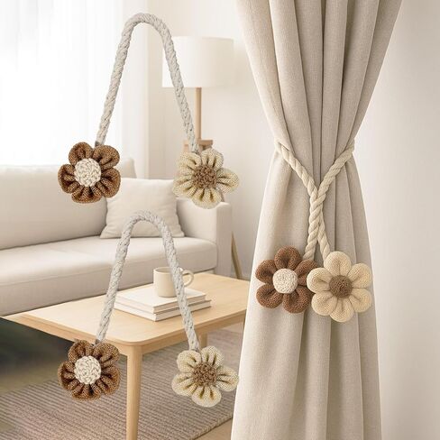 2PCS Flower Curtain Tiebacks, Linen Embroidered Boho Curtain Ties, Handmade Tassel Holdbacks for Living Room Window Draperies, Out Door, Home Decor(Pink) in Saudi Arabia