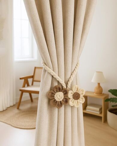 2PCS Flower Curtain Tiebacks, Linen Embroidered Boho Curtain Ties, Handmade Tassel Holdbacks for Living Room Window Draperies, Out Door, Home Decor(Pink) in Saudi Arabia