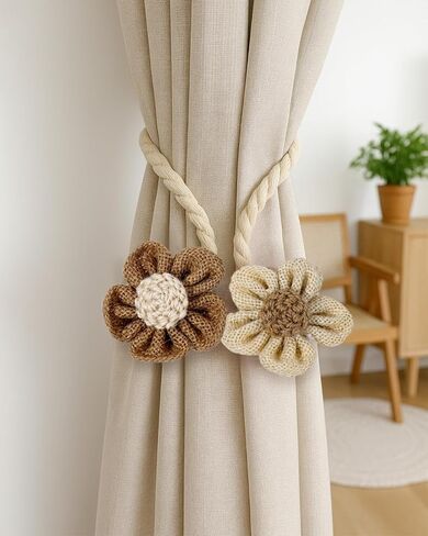 2PCS Flower Curtain Tiebacks, Linen Embroidered Boho Curtain Ties, Handmade Tassel Holdbacks for Living Room Window Draperies, Out Door, Home Decor(Pink) in Saudi Arabia