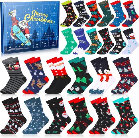 24 Pairs Christmas Sock Advent Calendar 2025 Unisex Socks 24 Days Countdown Gift for Adults Xmas Party Favor (Men's Christmas Countdown Socks) in Saudi Arabia