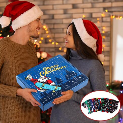 24 Pairs Christmas Sock Advent Calendar 2025 Unisex Socks 24 Days Countdown Gift for Adults Xmas Party Favor (Men's Christmas Countdown Socks) in Saudi Arabia