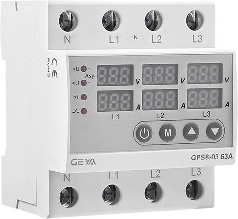 GPS8-03 Din Rail 3 Phase Voltage Relay 3P+N Over and Under Voltage Monitor Relays Protector Adjust Over Current 63A(GPS8-03-D-63A) in Saudi Arabia