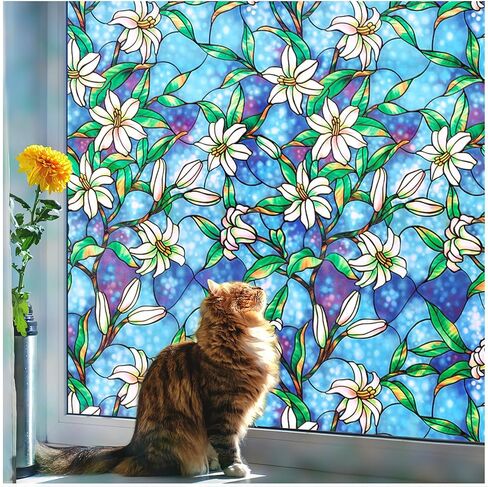 Coavas Decorative Window Privacy Film, Heat Control Sun Blocking Stained Glass Window Film, Floral Design Static Cling, Non Adhesive Windows Tint for Bathroom Front Door(Vinyl, 17.5" x 78.7 ") in Kuwait