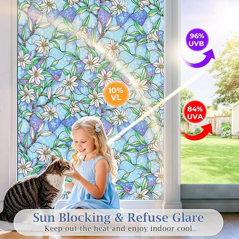 Coavas Decorative Window Privacy Film, Heat Control Sun Blocking Stained Glass Window Film, Floral Design Static Cling, Non Adhesive Windows Tint for Bathroom Front Door(Vinyl, 17.5" x 78.7 ") in Kuwait