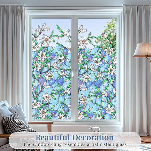 Coavas Decorative Window Privacy Film, Heat Control Sun Blocking Stained Glass Window Film, Floral Design Static Cling, Non Adhesive Windows Tint for Bathroom Front Door(Vinyl, 17.5" x 78.7 ") in Kuwait