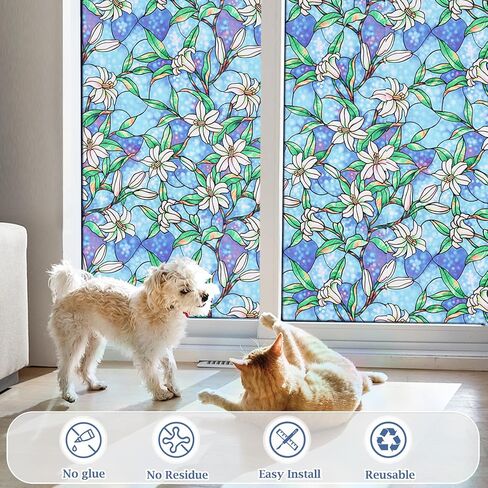 Coavas Decorative Window Privacy Film, Heat Control Sun Blocking Stained Glass Window Film, Floral Design Static Cling, Non Adhesive Windows Tint for Bathroom Front Door(Vinyl, 17.5" x 78.7 ") in Kuwait