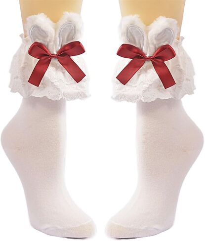 Lolita Bunny Ears Ruffle Socks - Sweet Lace Ankle Socks for Women & Girls in Saudi Arabia