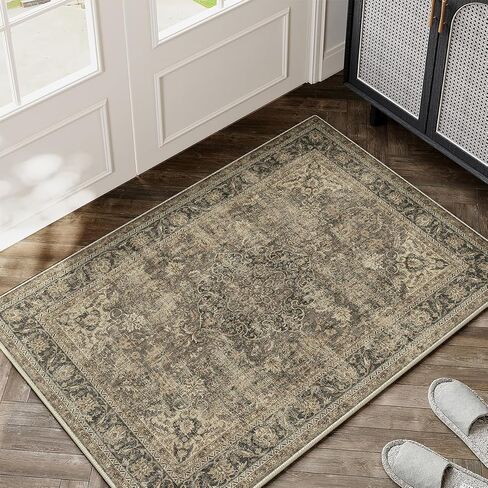 2x6 Washable Brown Vintage Runner Rug for Kitchen Hallway Non-Slip Low Pile Soft Thin Carpet Traditional Retro Distressed Accent Throw Rug for Entryway Bathroom Indoor Bedroom in Kuwait