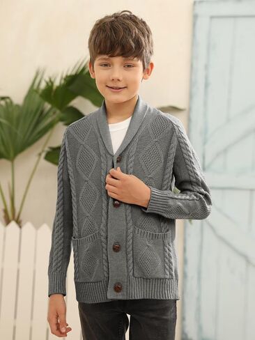 Inorin Boy's Sweater Cardigan Button Down Shawl Collar Cable Knitted Outwear Sweater Coats with Pockets Deep Navy Blue in Kuwait
