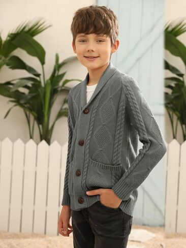 Inorin Boy's Sweater Cardigan Button Down Shawl Collar Cable Knitted Outwear Sweater Coats with Pockets Deep Navy Blue in Kuwait