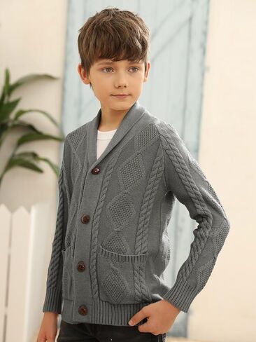 Inorin Boy's Sweater Cardigan Button Down Shawl Collar Cable Knitted Outwear Sweater Coats with Pockets Deep Navy Blue in Kuwait