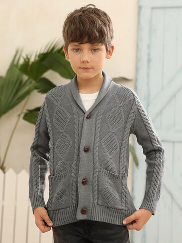 Inorin Boy's Sweater Cardigan Button Down Shawl Collar Cable Knitted Outwear Sweater Coats with Pockets Deep Navy Blue in Kuwait