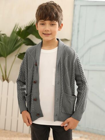 Inorin Boy's Sweater Cardigan Button Down Shawl Collar Cable Knitted Outwear Sweater Coats with Pockets Deep Navy Blue in Kuwait