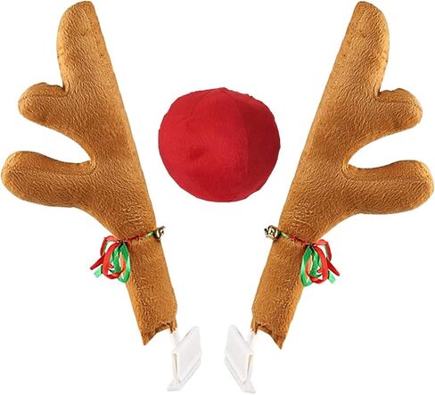 Car Reindeer Antlers & Nose - Window Roof-Top & Grille Rudolph Reindeer Jingle Bell Christmas Costume - Auto Accessories Decoration Kit Best for Car SUV Van Truck, Xmas Gift Set (Brown) in Saudi Arabia