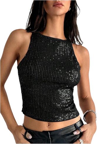 SweatyRocks Women's Sparkle Sequin Cropped Tank Top Crew Neck Sleeveless Fitted Rave Party Tops in Saudi Arabia