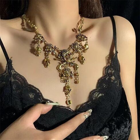 Halloween Skull Charm Necklace for Men Women Personalized Vintage Gothic Punk Horror Multi-Level Pirate Skeleton Skull Tassel Collar Necklaces Jewelry Gifts in Saudi Arabia