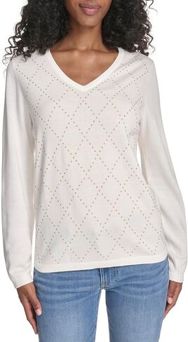 Tommy Hilfiger Women's Long Sleeve V-Neck Hotfix Cotton Sweater in Saudi Arabia