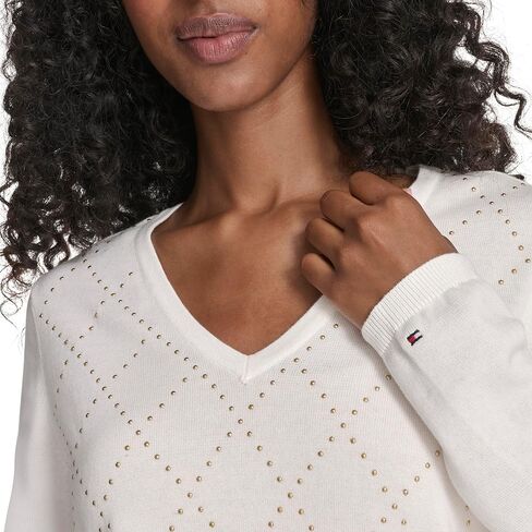 Tommy Hilfiger Women's Long Sleeve V-Neck Hotfix Cotton Sweater in Saudi Arabia