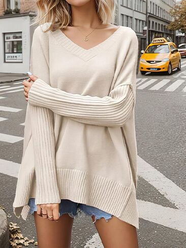 Women's V Neck Oversized Sweaters Long Batwing Sleeve Split Hem Pullover Slouchy Casual Knit Sweater in Saudi Arabia