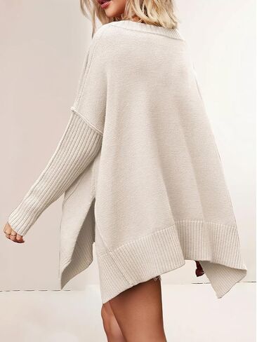 Women's V Neck Oversized Sweaters Long Batwing Sleeve Split Hem Pullover Slouchy Casual Knit Sweater in Saudi Arabia