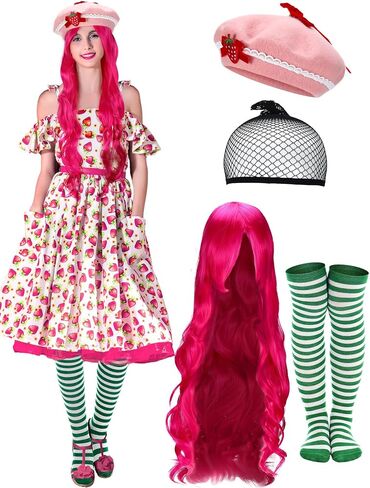 Mepase 4 Pcs Halloween Strawberry Cake Costume for Women Include Strawberry Beret Hat with Hair Net Green Striped Thigh High Socks Long Curly Pink Cosplay Wig for Cosplay and Fruit Theme Daily in Saudi Arabia