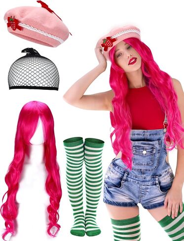 Mepase 4 Pcs Halloween Strawberry Cake Costume for Women Include Strawberry Beret Hat with Hair Net Green Striped Thigh High Socks Long Curly Pink Cosplay Wig for Cosplay and Fruit Theme Daily in Saudi Arabia