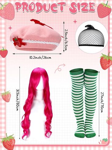 Mepase 4 Pcs Halloween Strawberry Cake Costume for Women Include Strawberry Beret Hat with Hair Net Green Striped Thigh High Socks Long Curly Pink Cosplay Wig for Cosplay and Fruit Theme Daily in Saudi Arabia