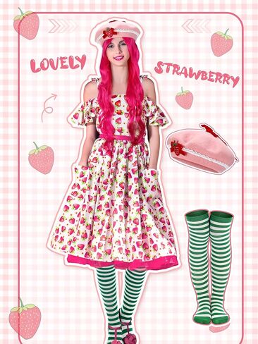 Mepase 4 Pcs Halloween Strawberry Cake Costume for Women Include Strawberry Beret Hat with Hair Net Green Striped Thigh High Socks Long Curly Pink Cosplay Wig for Cosplay and Fruit Theme Daily in Saudi Arabia