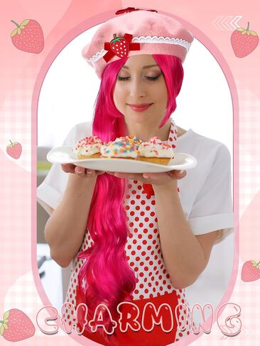 Mepase 4 Pcs Halloween Strawberry Cake Costume for Women Include Strawberry Beret Hat with Hair Net Green Striped Thigh High Socks Long Curly Pink Cosplay Wig for Cosplay and Fruit Theme Daily in Saudi Arabia