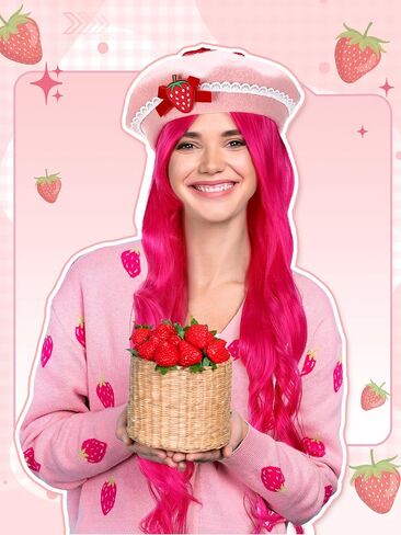 Mepase 4 Pcs Halloween Strawberry Cake Costume for Women Include Strawberry Beret Hat with Hair Net Green Striped Thigh High Socks Long Curly Pink Cosplay Wig for Cosplay and Fruit Theme Daily in Saudi Arabia