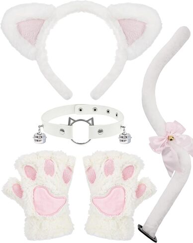 Halloween Cat Costumes Set, 4 Pcs Cute Cat Ears Headband Tail Paws Gloves Collar Set for Women Girls in Saudi Arabia