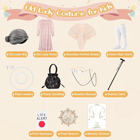 مجموعة زي السيدة العجوز لـ 100 يوم من المدرسة، فستان الجدة، إكسسوارات تنكرية للفتيات 13 قطعة in Kuwait