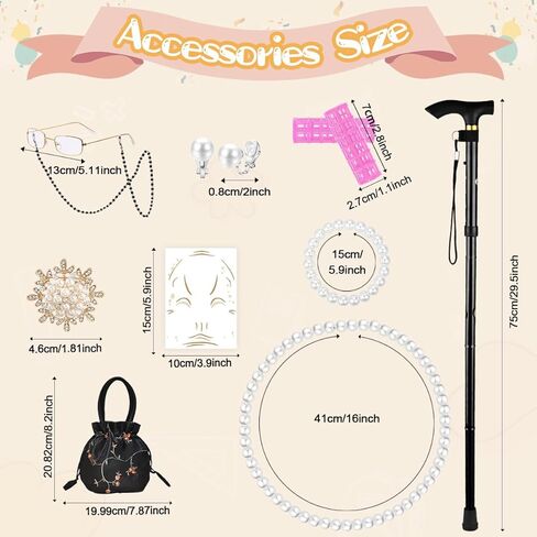 مجموعة زي السيدة العجوز لـ 100 يوم من المدرسة، فستان الجدة، إكسسوارات تنكرية للفتيات 13 قطعة in Kuwait