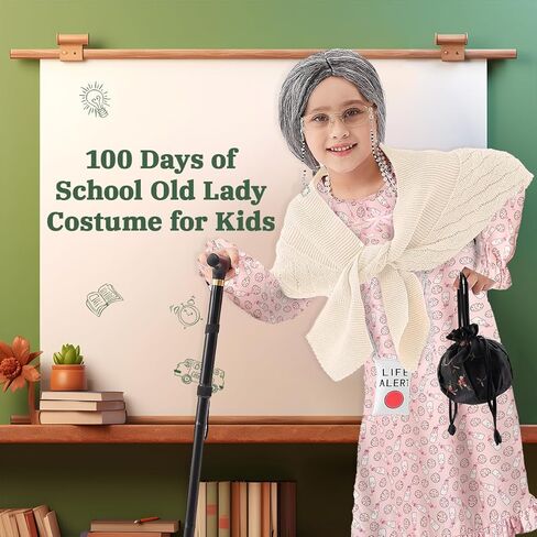 مجموعة زي السيدة العجوز لـ 100 يوم من المدرسة، فستان الجدة، إكسسوارات تنكرية للفتيات 13 قطعة in Kuwait