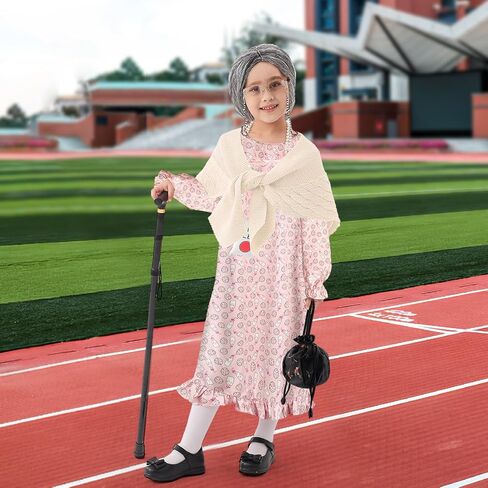 مجموعة زي السيدة العجوز لـ 100 يوم من المدرسة، فستان الجدة، إكسسوارات تنكرية للفتيات 13 قطعة in Kuwait