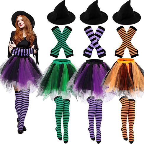 JenPen 3 Sets Halloween Witch Costumes for Women Includes Witch Hat Tutu Skirt Striped Knee High Socks Fingerless Arm Warmers in Saudi Arabia