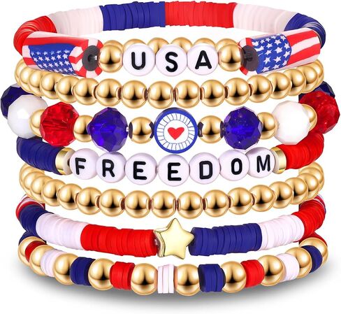 USA Labor Day Bracelets for Women Men - American Freedom USA Pride Stackable Bracelets Set Partriotic 4th of July Summer Holiday Beach Vacation Red White and Blue Heishi Beaded Bracelet Jewelry Accessory Gift in Saudi Arabia