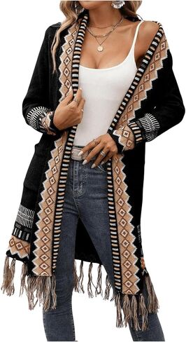 Women's Open Front Long Sleeve Cardigans Shirt Geo Pattern Casual Loose Knit Sweater with Pocket in Saudi Arabia