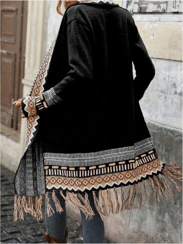 Women's Open Front Long Sleeve Cardigans Shirt Geo Pattern Casual Loose Knit Sweater with Pocket in Saudi Arabia