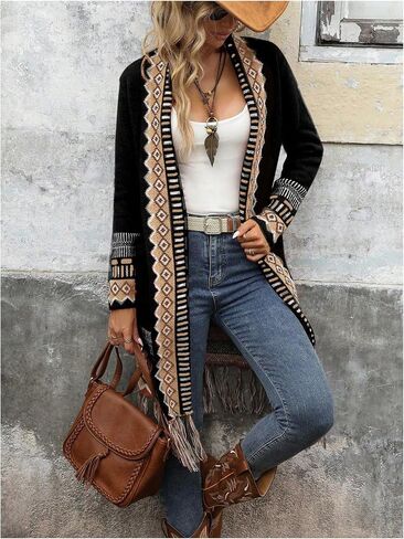 Women's Open Front Long Sleeve Cardigans Shirt Geo Pattern Casual Loose Knit Sweater with Pocket in Saudi Arabia