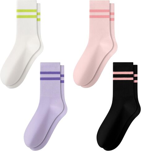 Womens Striped Crew Socks Cute Casual Cozy Cotton Socks for Women 4Pairs Size 5-9 in Saudi Arabia