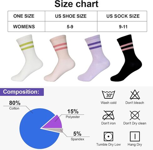 Womens Striped Crew Socks Cute Casual Cozy Cotton Socks for Women 4Pairs Size 5-9 in Saudi Arabia
