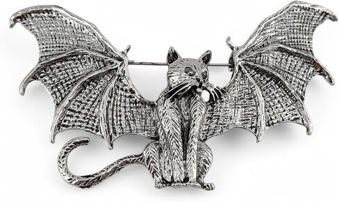 Silver-tone Bat Winged Demon Kitty Brooch - Large Devil Vampire Cat Gothic Halloween Pin in Saudi Arabia