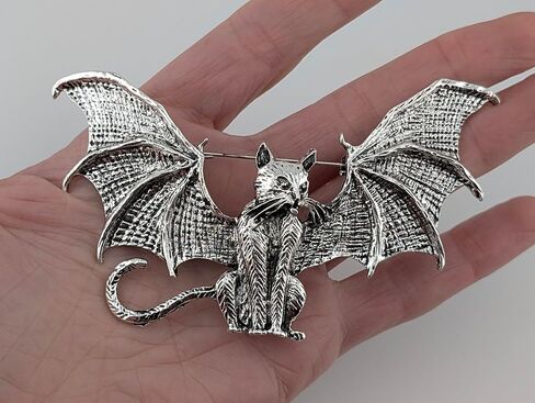 Silver-tone Bat Winged Demon Kitty Brooch - Large Devil Vampire Cat Gothic Halloween Pin in Saudi Arabia